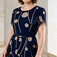 IVY navy chiffon midi dress neckline, sleeve and belt detail