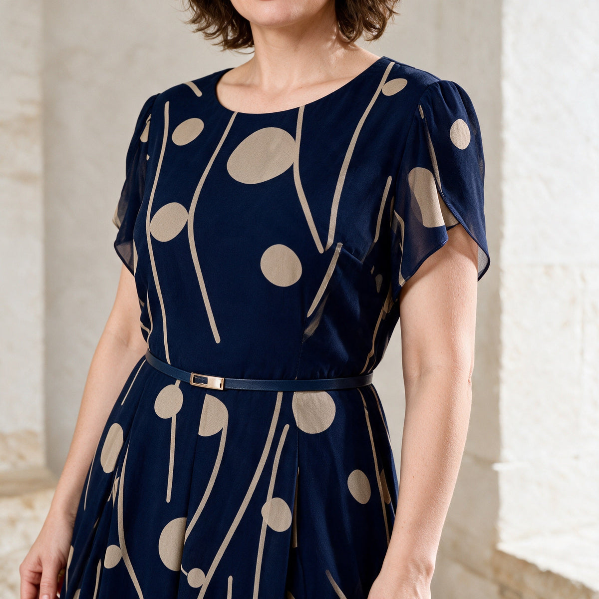 IVY navy chiffon midi dress neckline, sleeve and belt detail