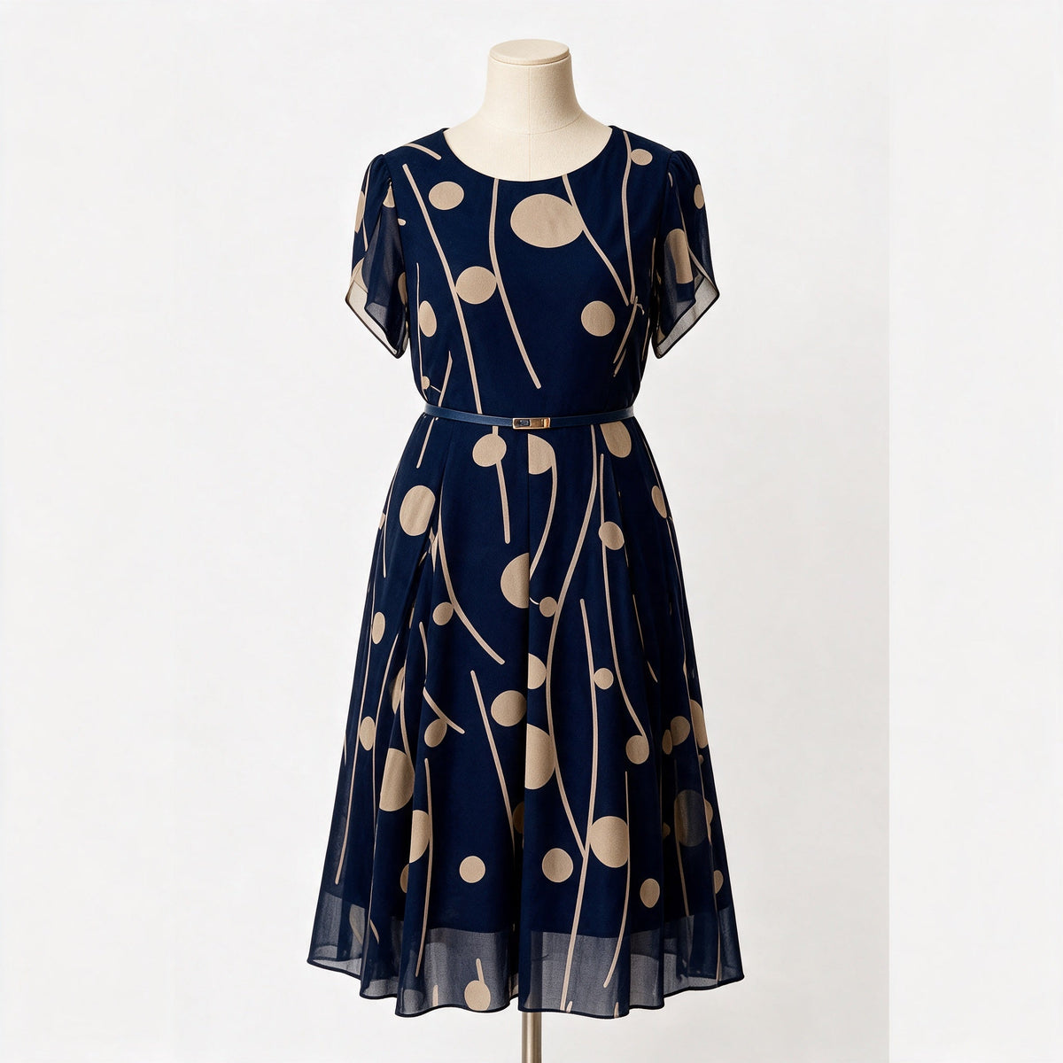 IVY navy chiffon midi dress displayed on a mannequin
