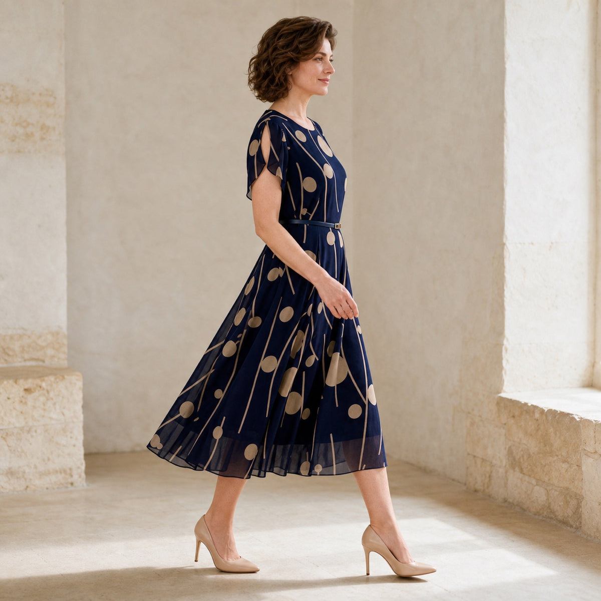 IVY navy and beige chiffon midi dress shown in side-profile movement