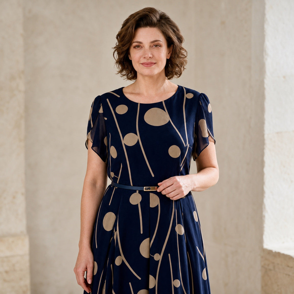 IVY chiffon midi dress neckline, split sleeves and belt styling detail