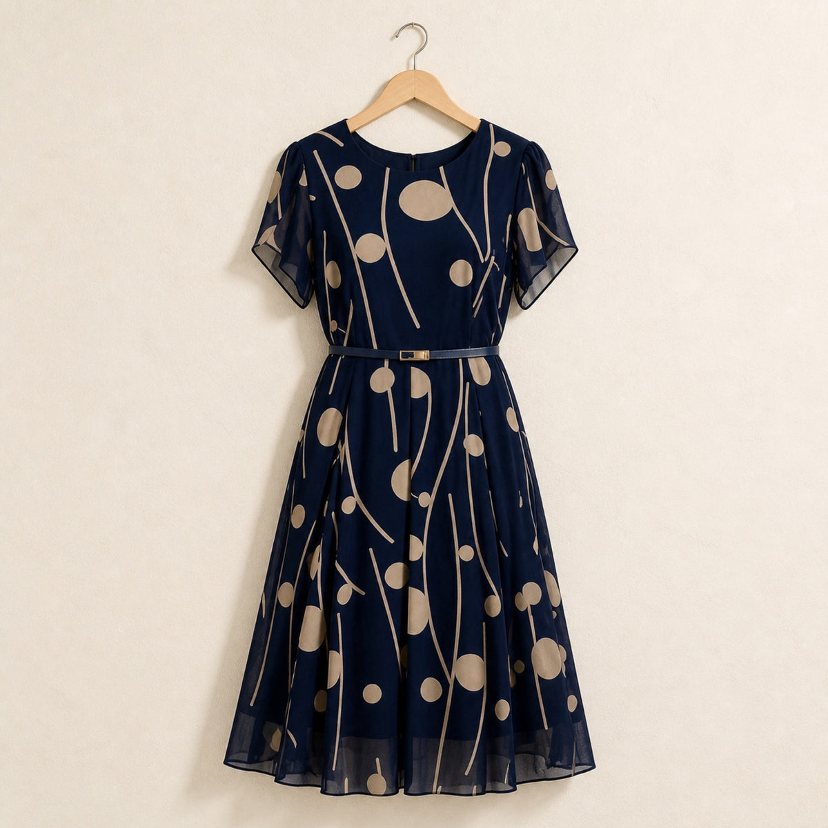 IVY navy and beige chiffon midi dress displayed on a wooden hanger