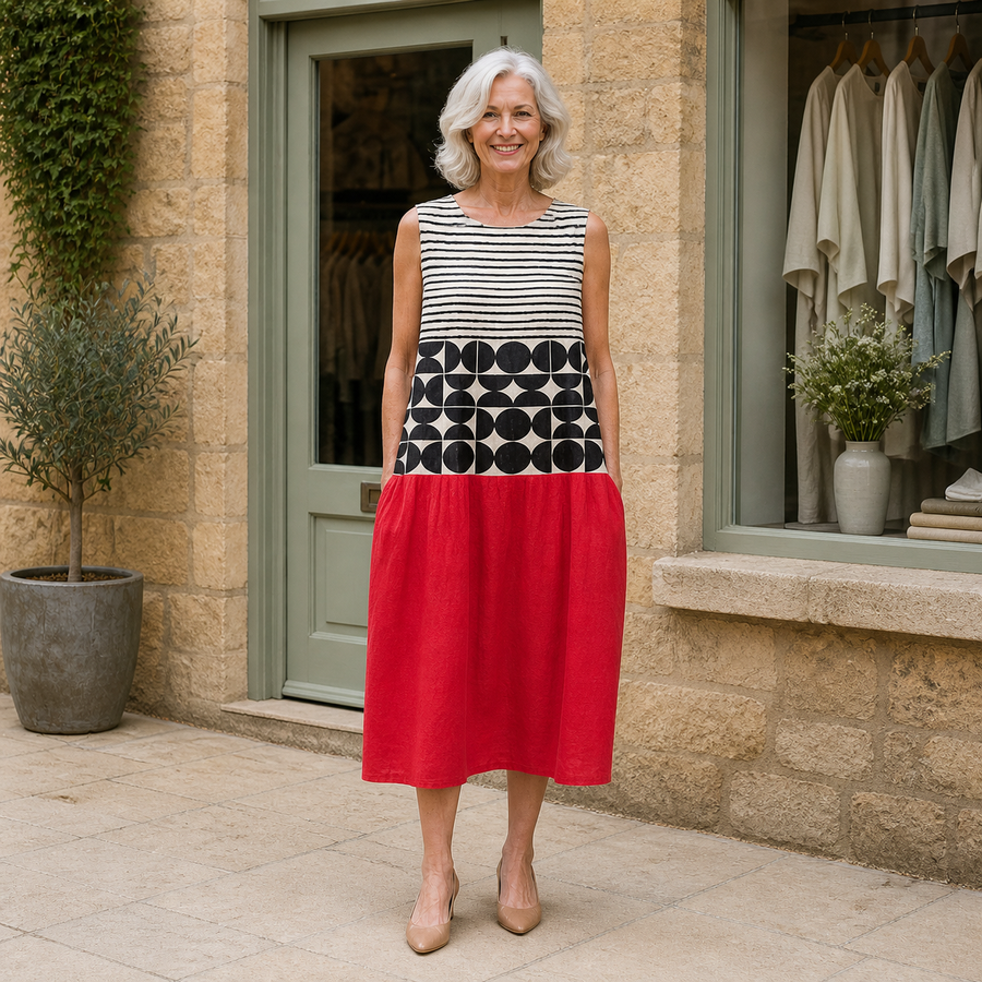 Rose wearing the multicolour Jane Colorblock Midi Dress, front full-body view outside the Cotswold stone boutique.