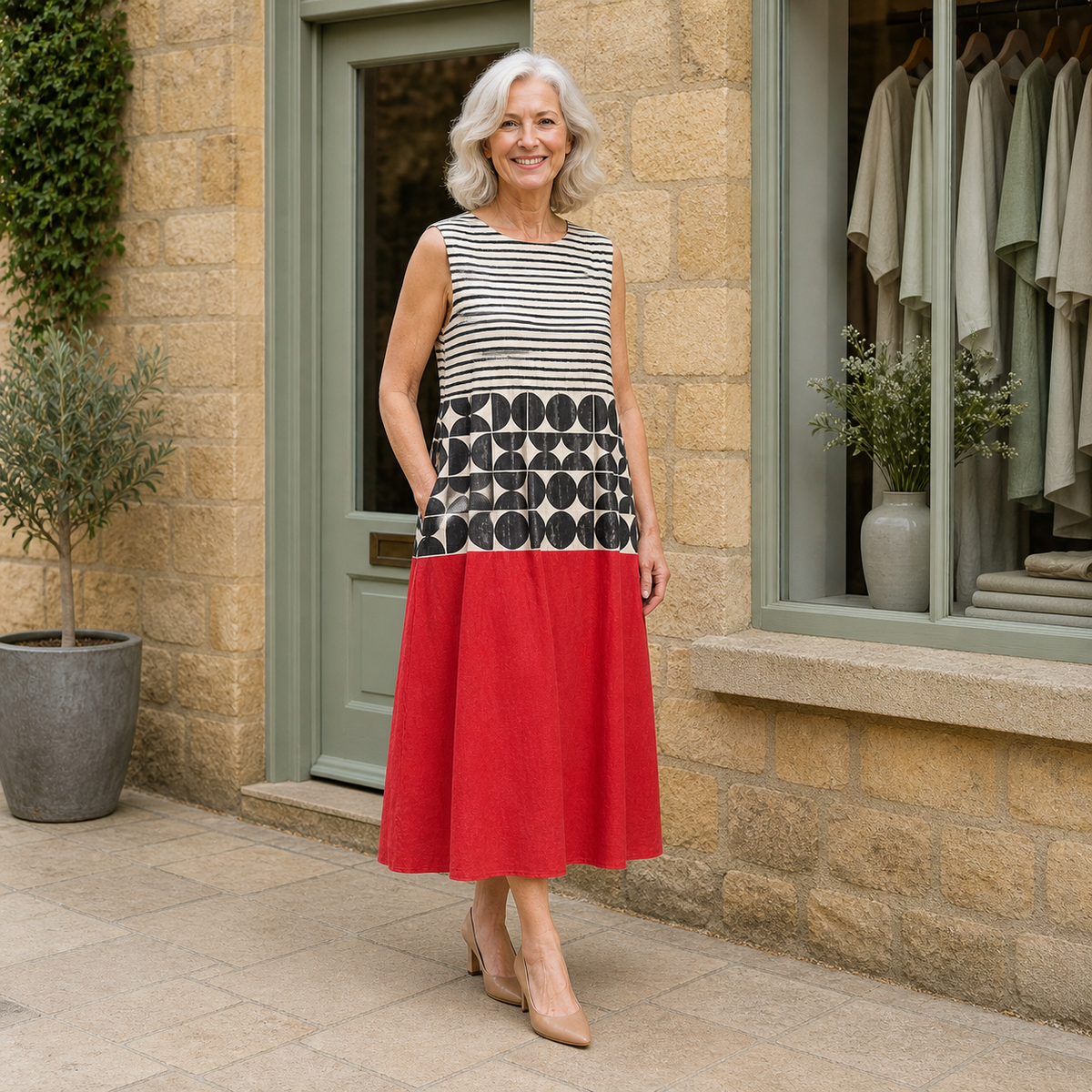 Rose wearing the multicolour Jane Colorblock Midi Dress, three-quarter full-body view outside the Cotswold stone boutique.