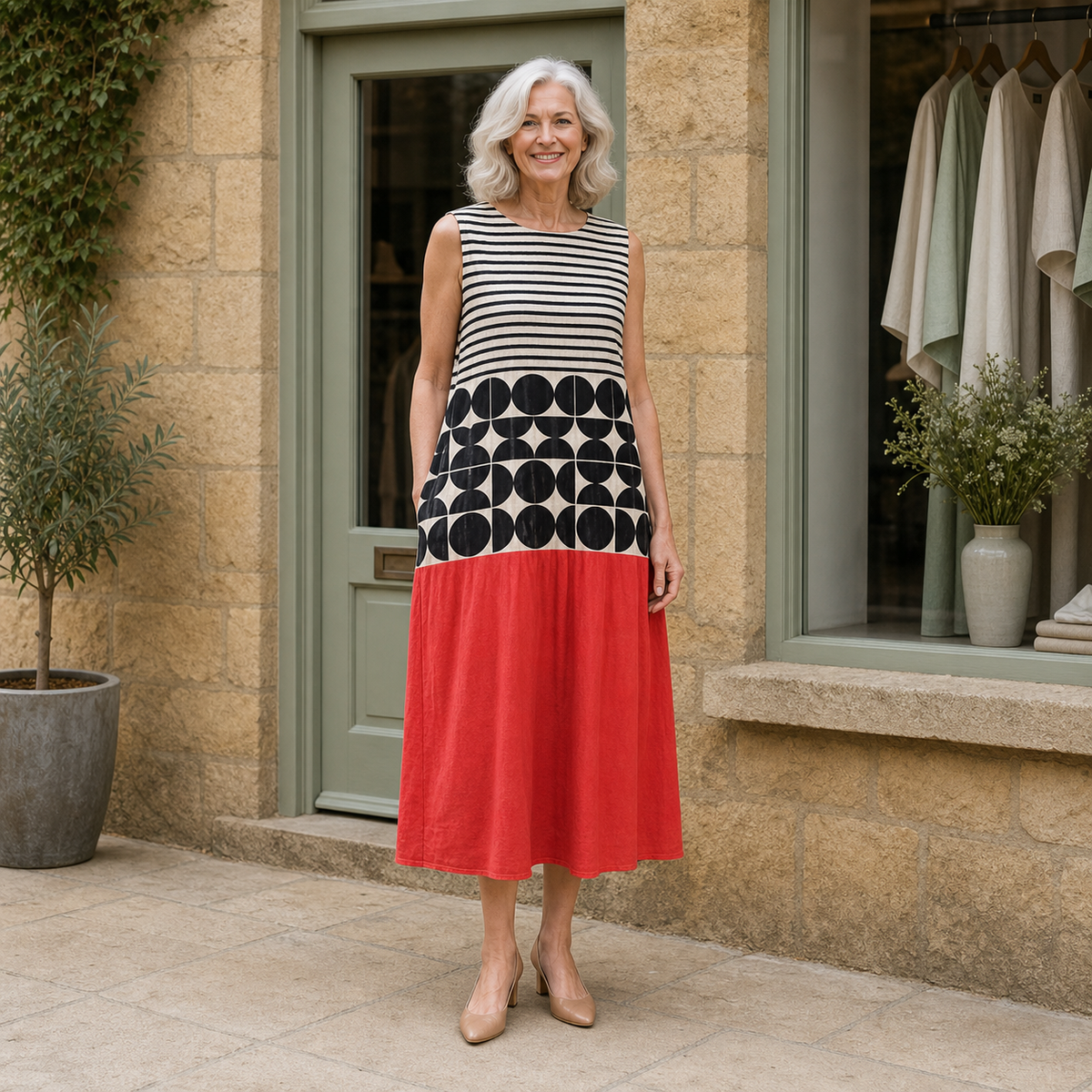Rose wearing the multicolour Jane Colorblock Midi Dress, contextual full-body view outside the Cotswold stone boutique.