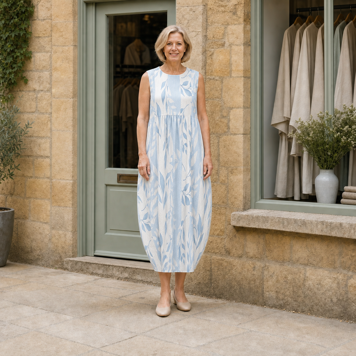Helen wearing the multicolour Joy Leafy Midi Dress, front full-body view outside the Cotswold stone boutique.