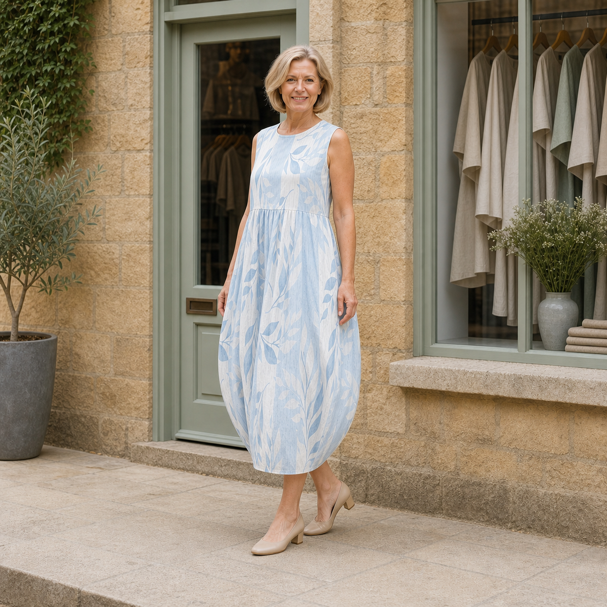 Helen wearing the multicolour Joy Leafy Midi Dress, three-quarter full-body view outside the Cotswold stone boutique.