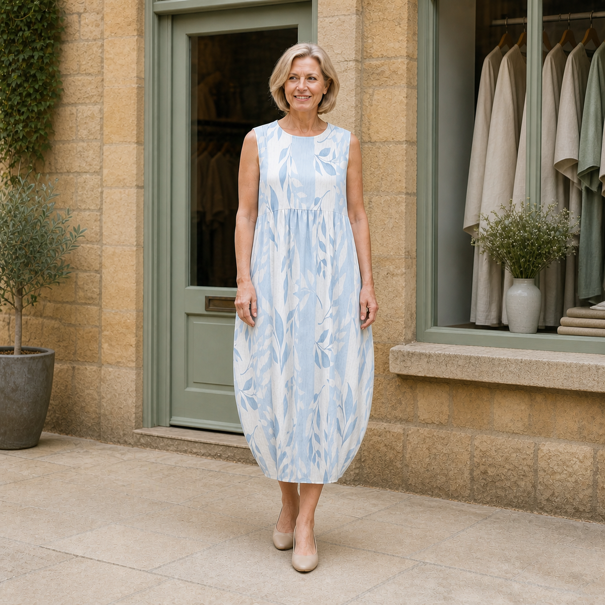 Helen wearing the multicolour Joy Leafy Midi Dress, contextual full-body view outside the Cotswold stone boutique.