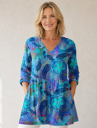 Juliette | Long Blouse with V-Neck, Blue — front
