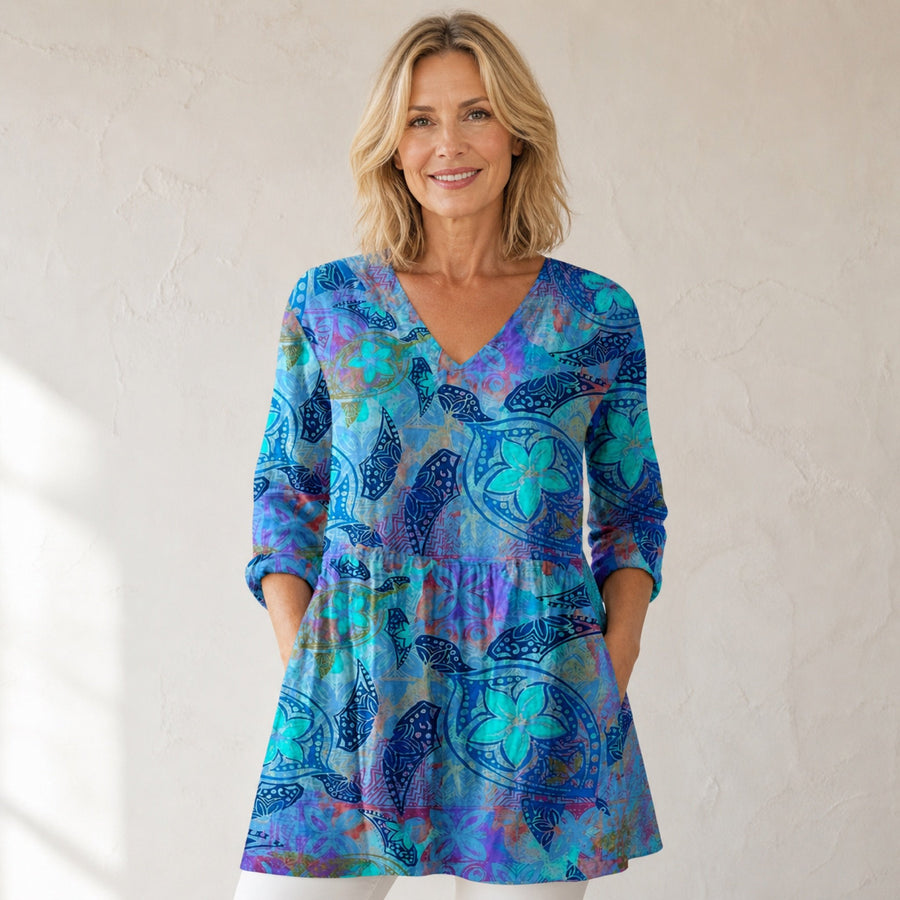 Juliette | Long Blouse with V-Neck, Blue — front