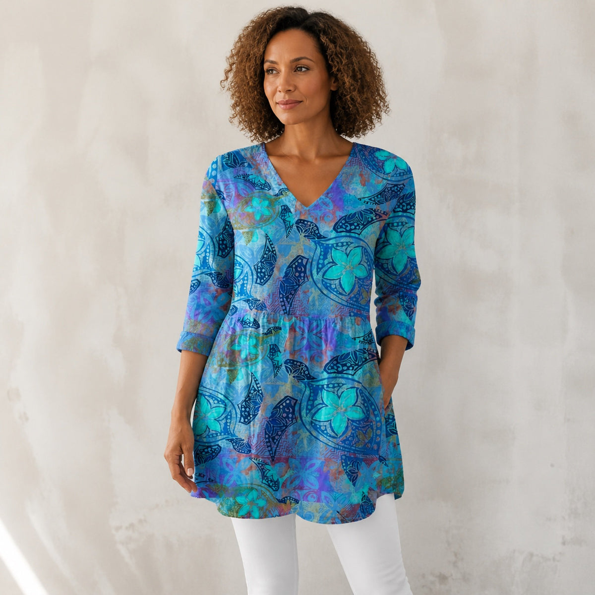 Juliette | Long Blouse with V-Neck, Blue — three quarter