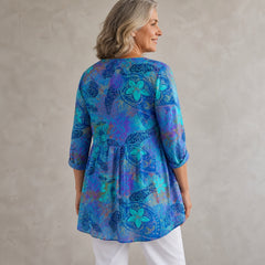 Juliette | Long Blouse with V-Neck, Blue — back