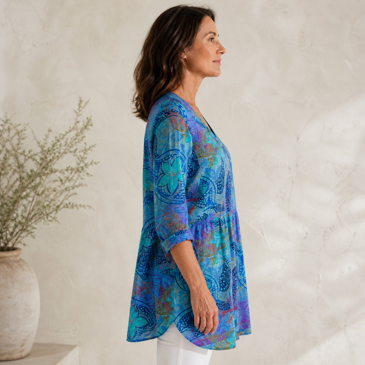 Juliette | Long Blouse with V-Neck, Blue — side
