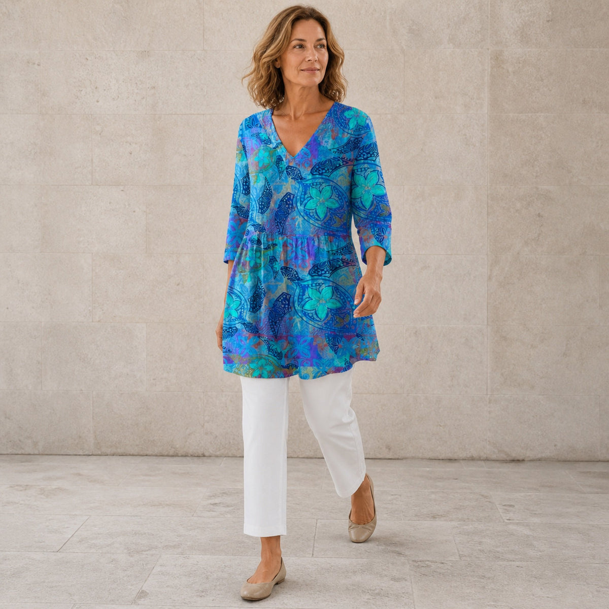 Juliette | Long Blouse with V-Neck, Blue — walking