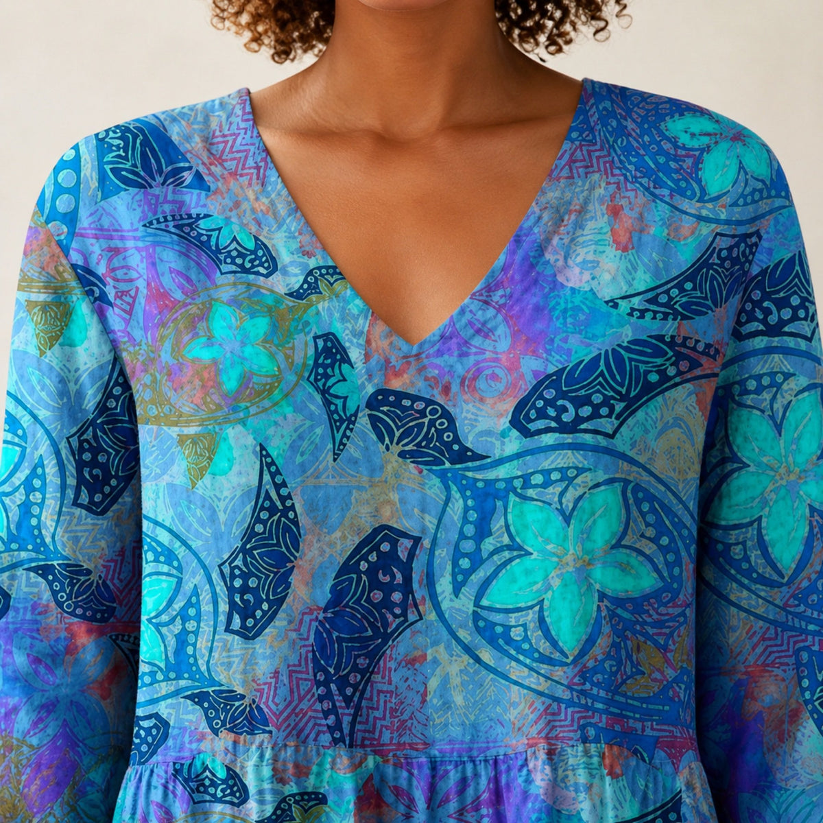 Juliette | Long Blouse with V-Neck, Blue — neckline detail