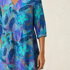 Juliette | Long Blouse with V-Neck, Blue — sleeve print detail