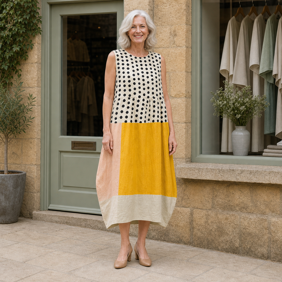 Rose models the yellow, peach, cream and black polka colourblock Leah midi dress in a front full-body view outside a pale-stone Cotswold boutique.