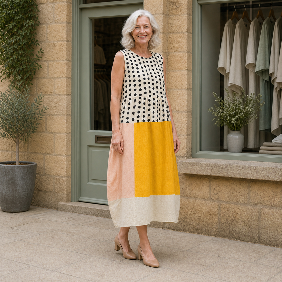 Rose models the yellow, peach, cream and black polka colourblock Leah midi dress in a slight three-quarter full-body view outside a pale-stone Cotswold boutique.