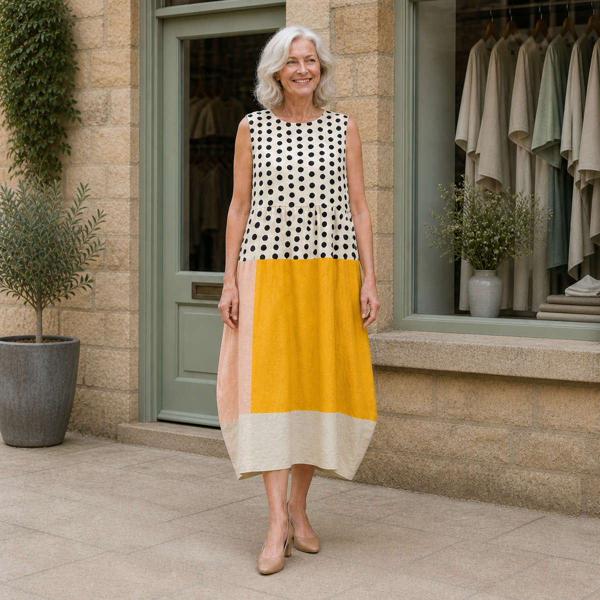 Rose models the yellow, peach, cream and black polka colourblock Leah midi dress in a contextual full-body view outside a pale-stone Cotswold boutique.