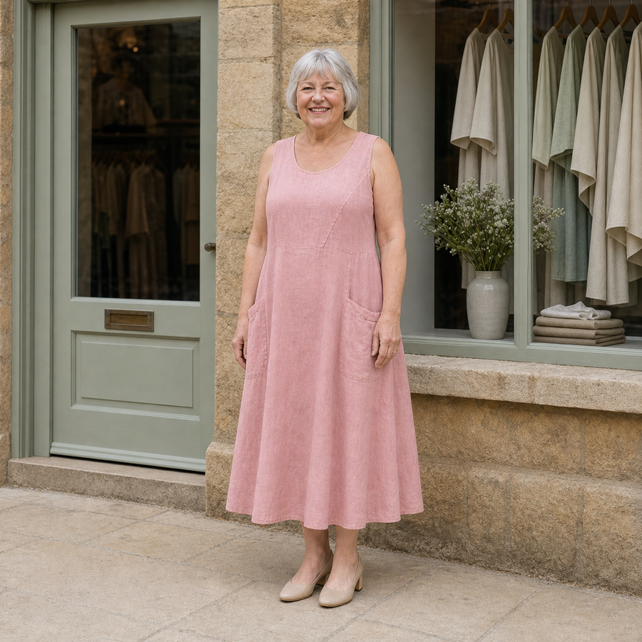 Margaret wearing the pink Luna Comfortable A-Line Midi Dress, front full-body view outside the Cotswold stone boutique.