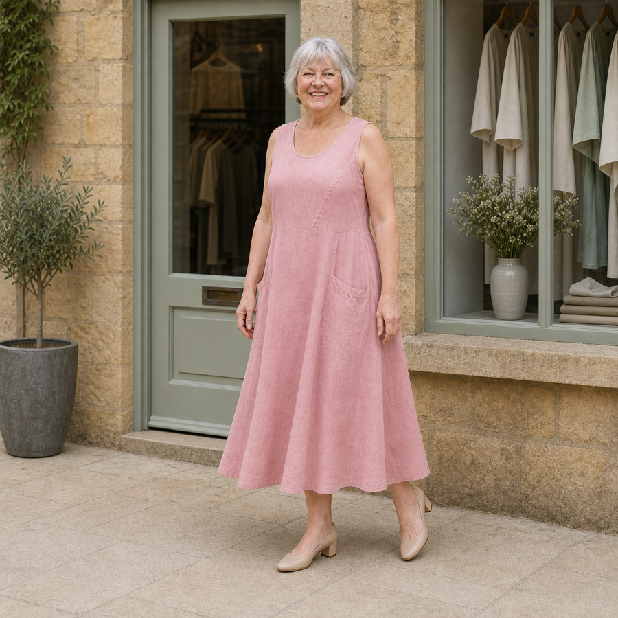 Margaret wearing the pink Luna Comfortable A-Line Midi Dress, three-quarter full-body view outside the Cotswold stone boutique.