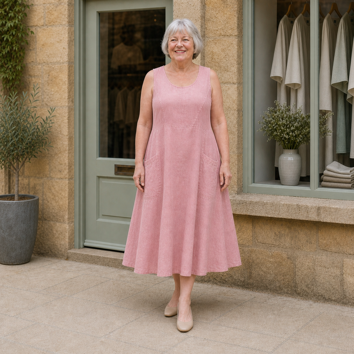 Margaret wearing the pink Luna Comfortable A-Line Midi Dress, contextual full-body view outside the Cotswold stone boutique.