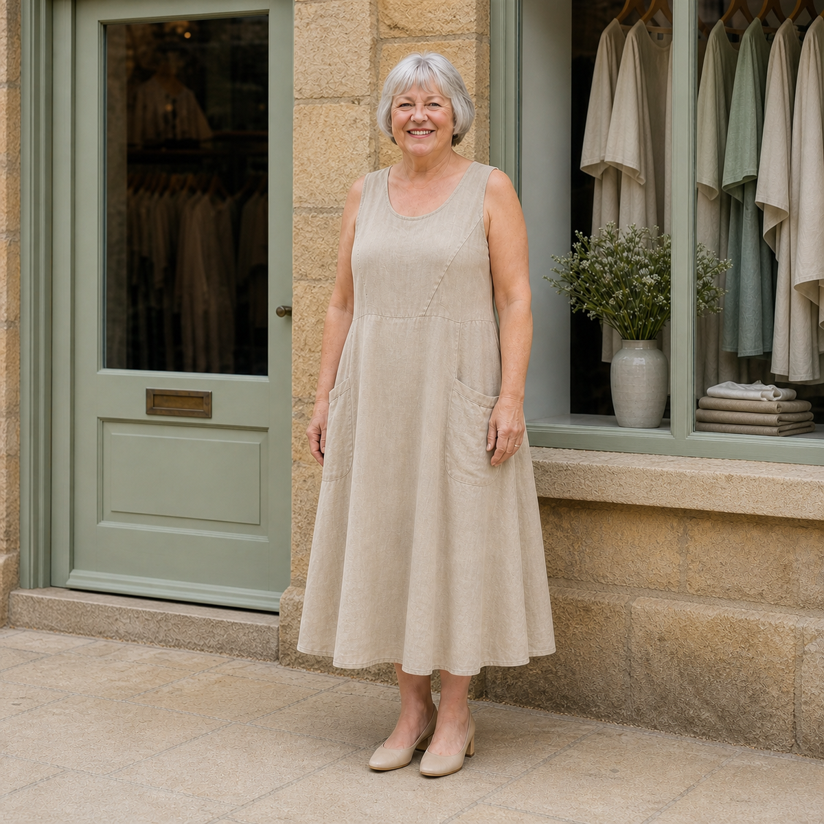 Margaret wearing the khaki Luna Comfortable A-Line Midi Dress, front full-body view outside the Cotswold stone boutique.