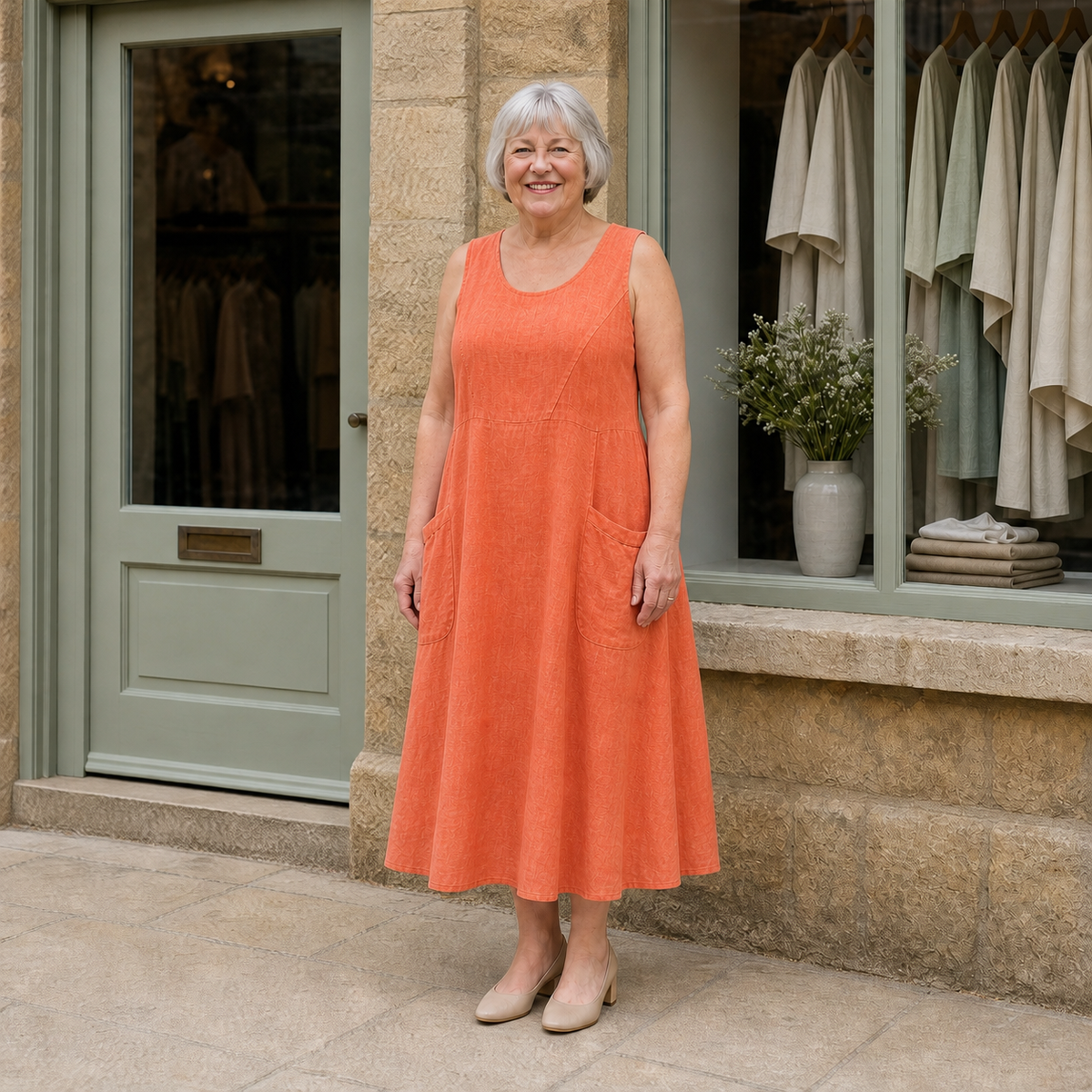 Margaret wearing the orange Luna Comfortable A-Line Midi Dress, front full-body view outside the Cotswold stone boutique.