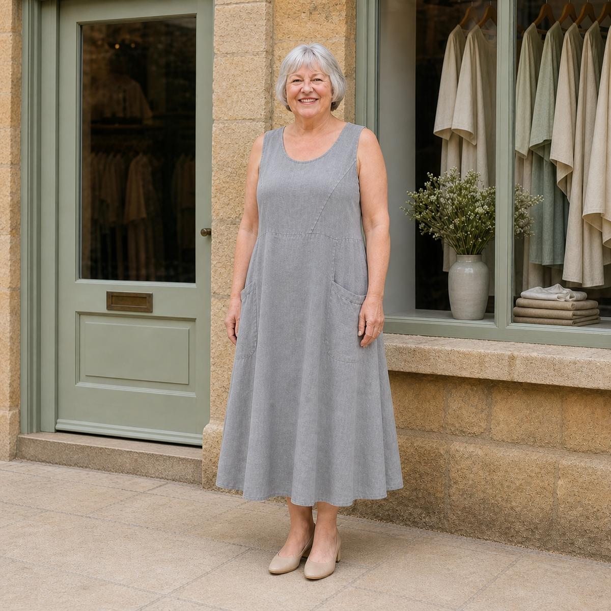 Margaret wearing the grey Luna Comfortable A-Line Midi Dress, front full-body view outside the Cotswold stone boutique.