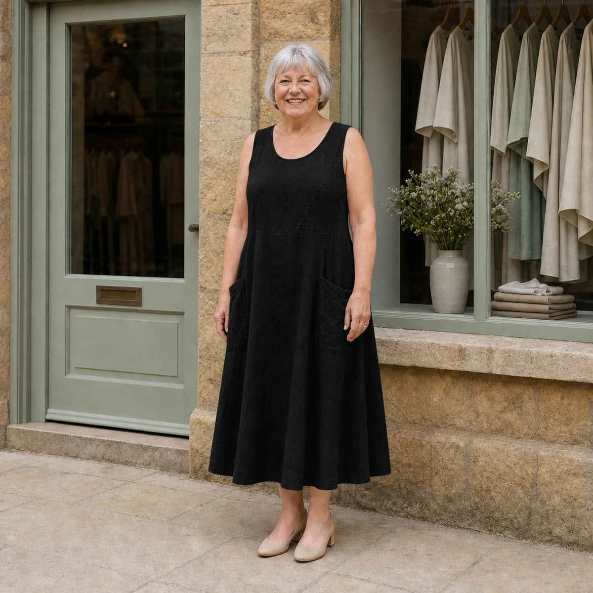 Margaret wearing the black Luna Comfortable A-Line Midi Dress, front full-body view outside the Cotswold stone boutique.