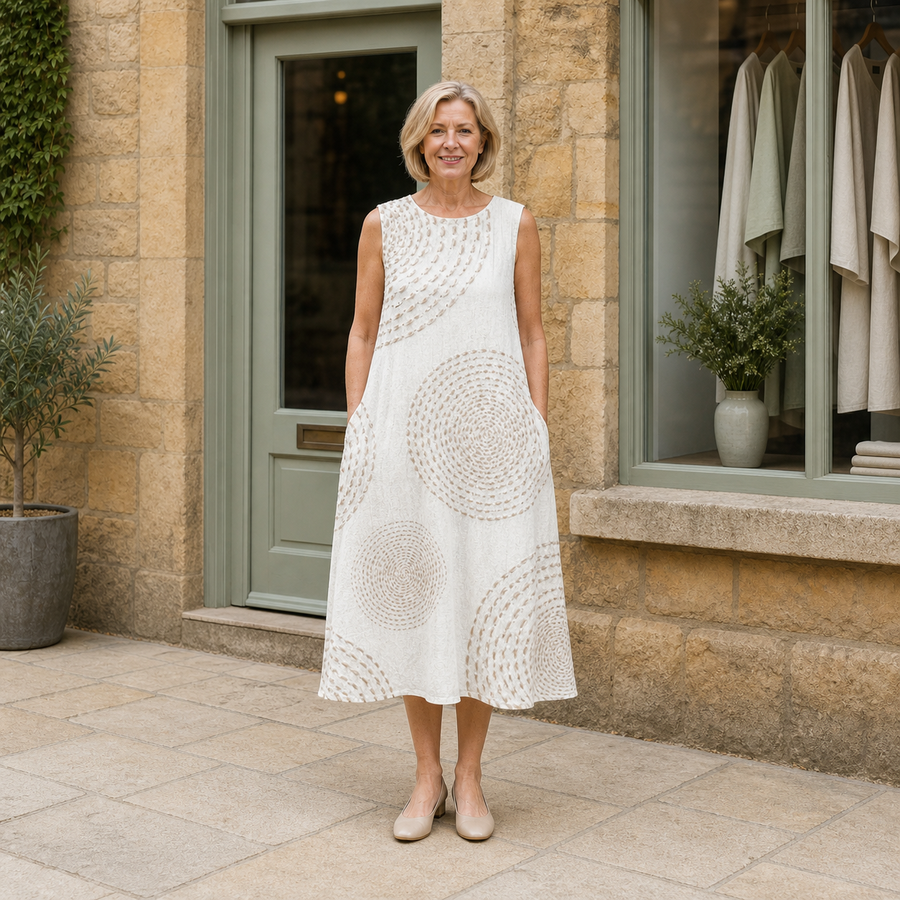 Helen wearing the beige LUNA RETRO CASUAL DRESS, front full-body view outside the Cotswold stone boutique.