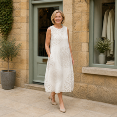 Helen wearing the beige LUNA RETRO CASUAL DRESS, three-quarter full-body view outside the Cotswold stone boutique.