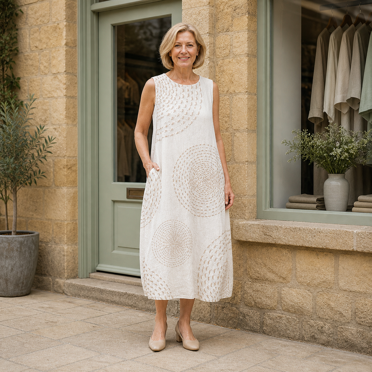 Helen wearing the beige LUNA RETRO CASUAL DRESS, contextual full-body view outside the Cotswold stone boutique.