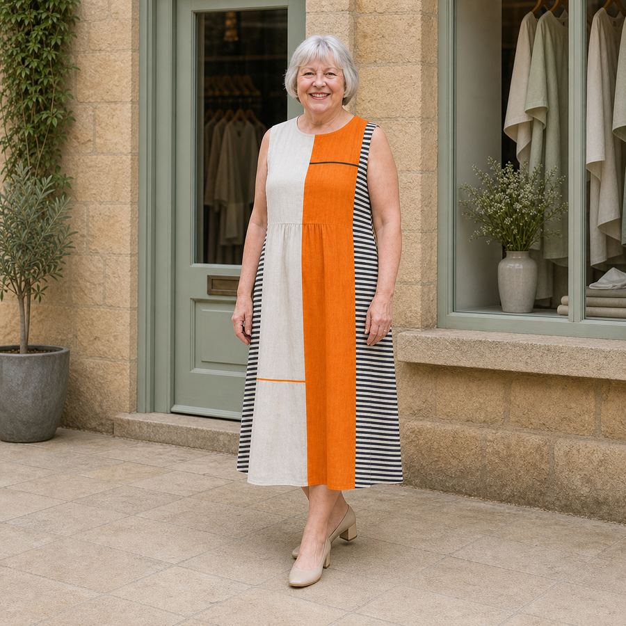 Margaret wearing the multicolour May Colorblock Midi Dress, three-quarter full-body view outside the Cotswold stone boutique.