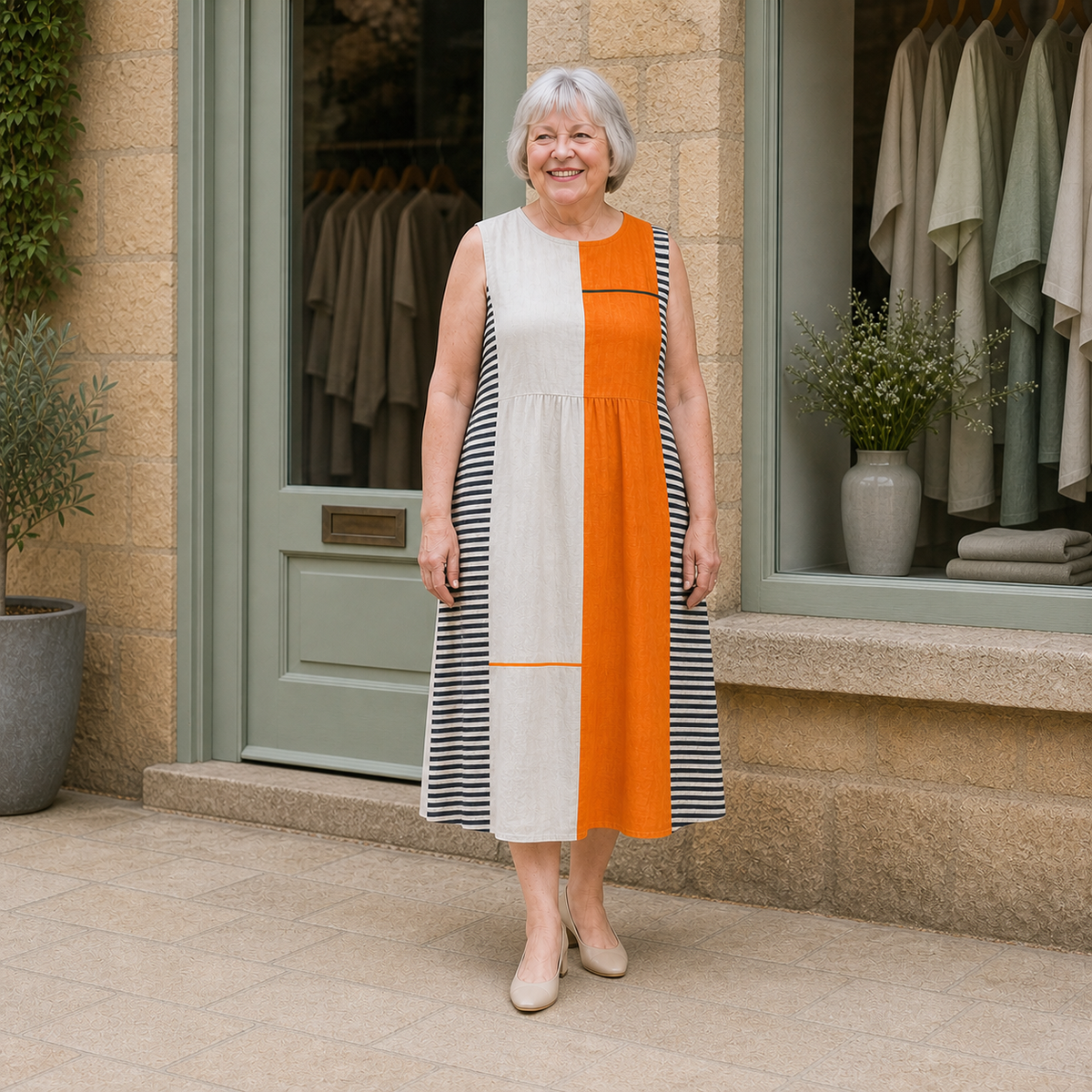 Margaret wearing the multicolour May Colorblock Midi Dress, contextual full-body view outside the Cotswold stone boutique.