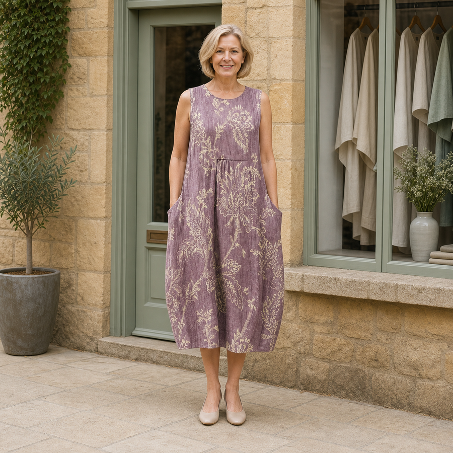 Helen wearing the multicolour Mia Floral Midi Dress, front full-body view outside the Cotswold stone boutique.