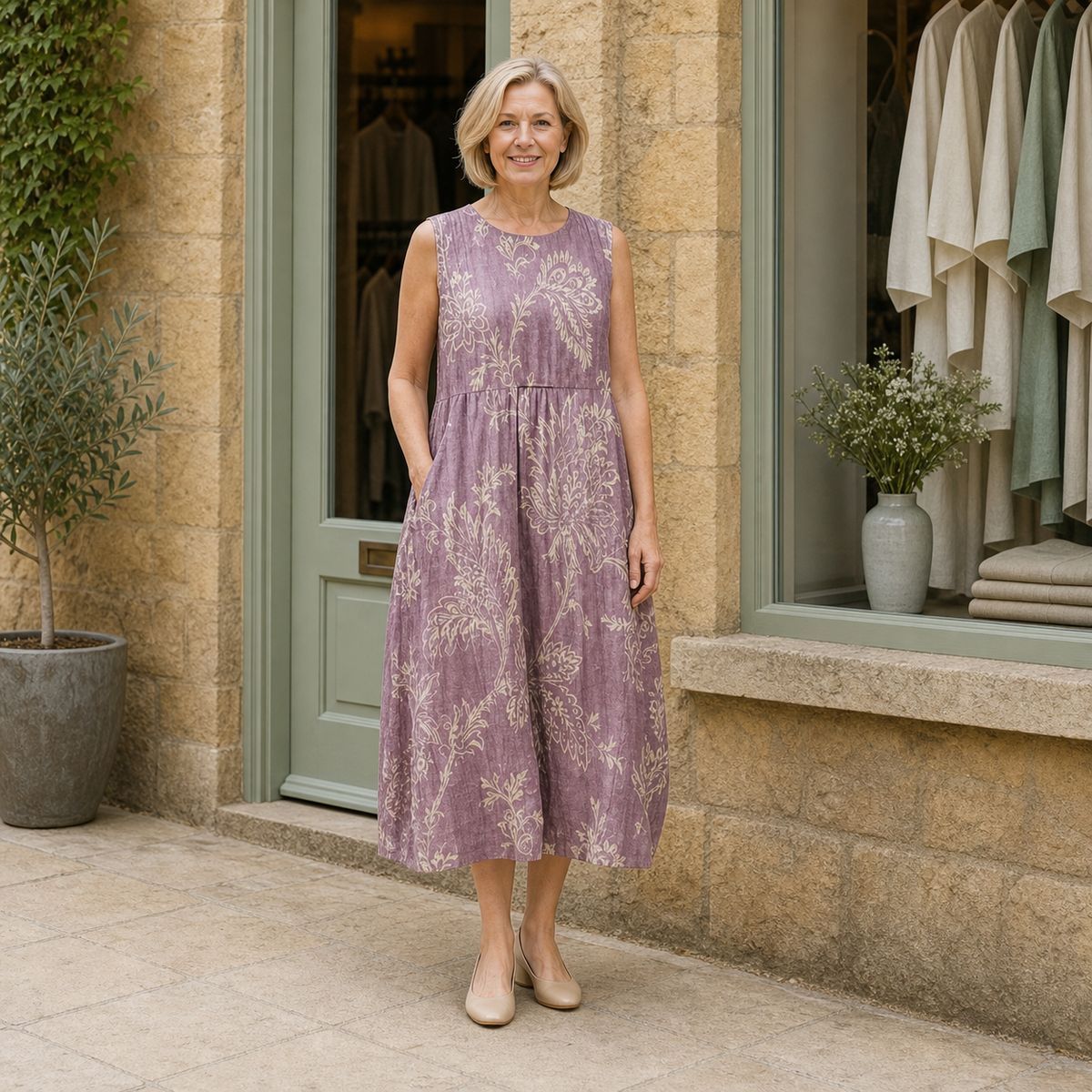 Helen wearing the multicolour Mia Floral Midi Dress, contextual full-body view outside the Cotswold stone boutique.