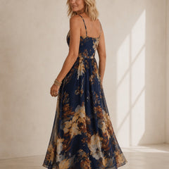 Navy chiffon floral maxi dress, back editorial view