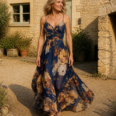 Navy chiffon floral maxi dress in a Cotswolds courtyard