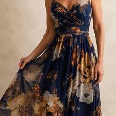 Navy chiffon floral maxi dress fabric and bodice detail