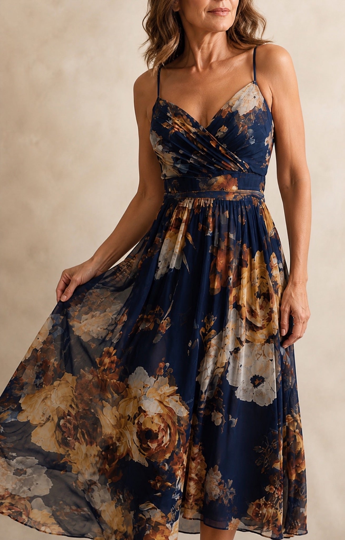 Navy chiffon floral maxi dress fabric and bodice detail