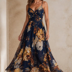 Navy chiffon floral maxi dress, front editorial view