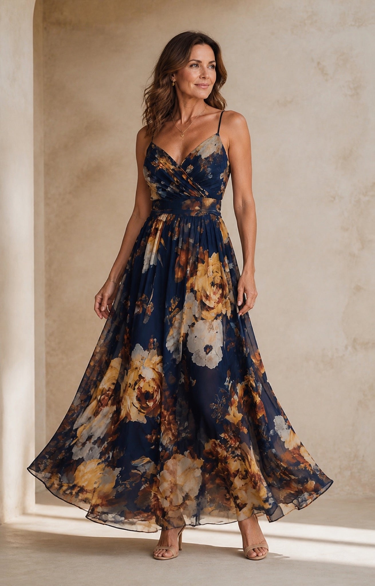 Navy chiffon floral maxi dress, front editorial view