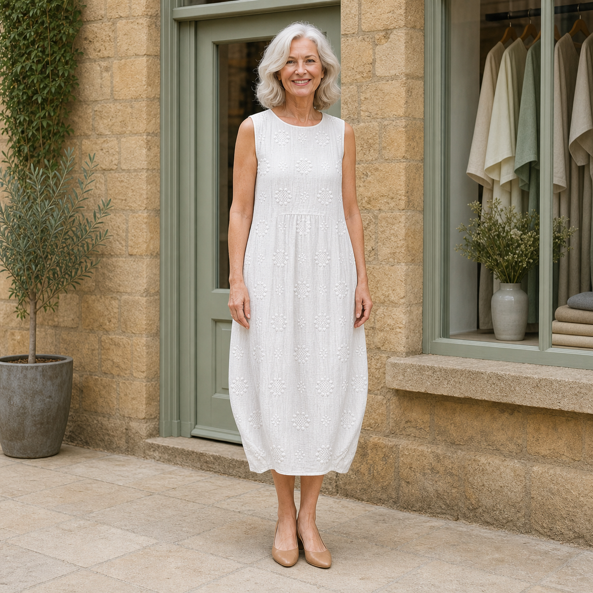Rose wearing the white Rose Embroidered Midi Dress, front full-body view outside the Cotswold stone boutique.