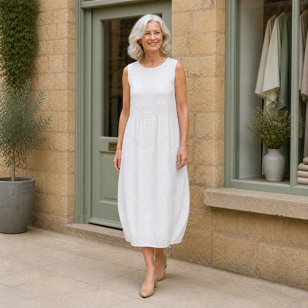 Rose wearing the white Rose Embroidered Midi Dress, contextual full-body view outside the Cotswold stone boutique.