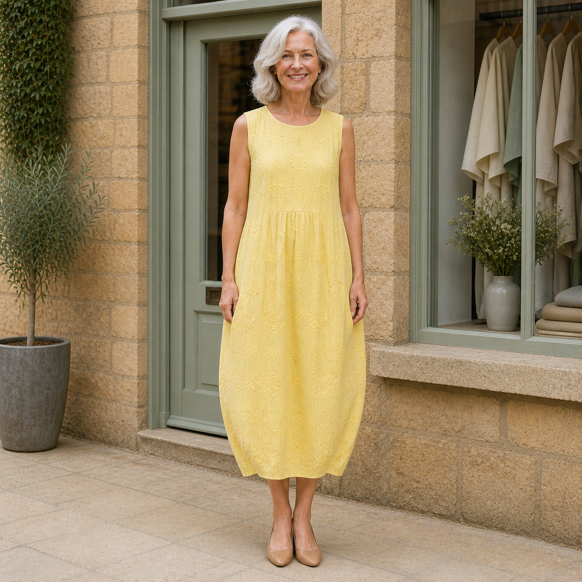Rose wearing the yellow Rose Embroidered Midi Dress, front full-body view outside the Cotswold stone boutique.