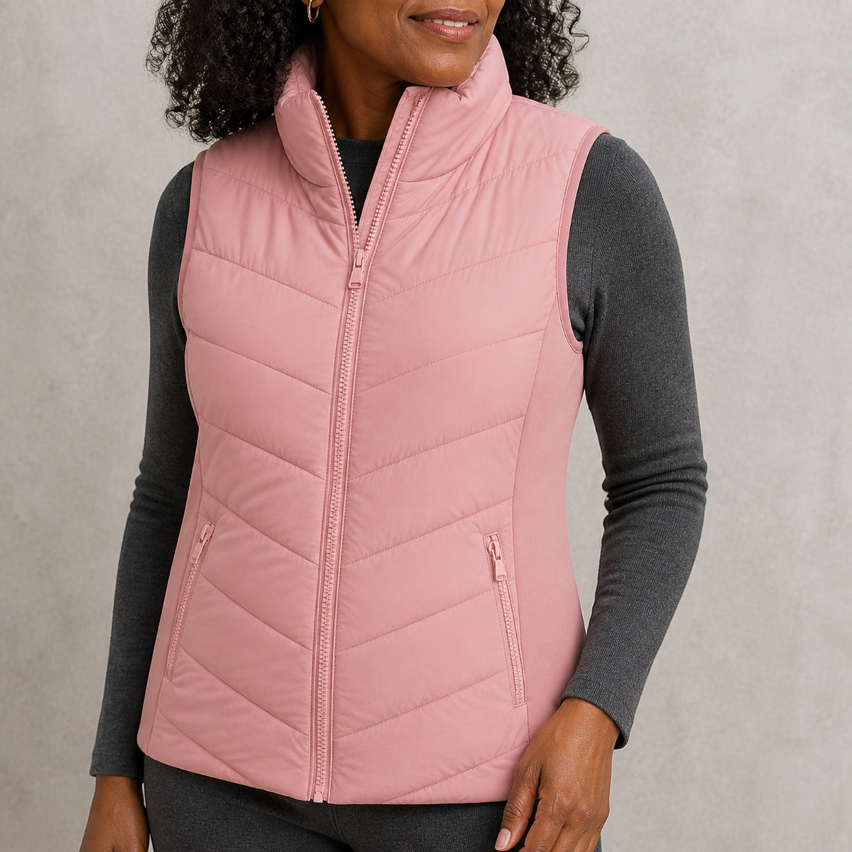 The Rowan | Quilted Gilet, Baby Pink — zip pocket detail