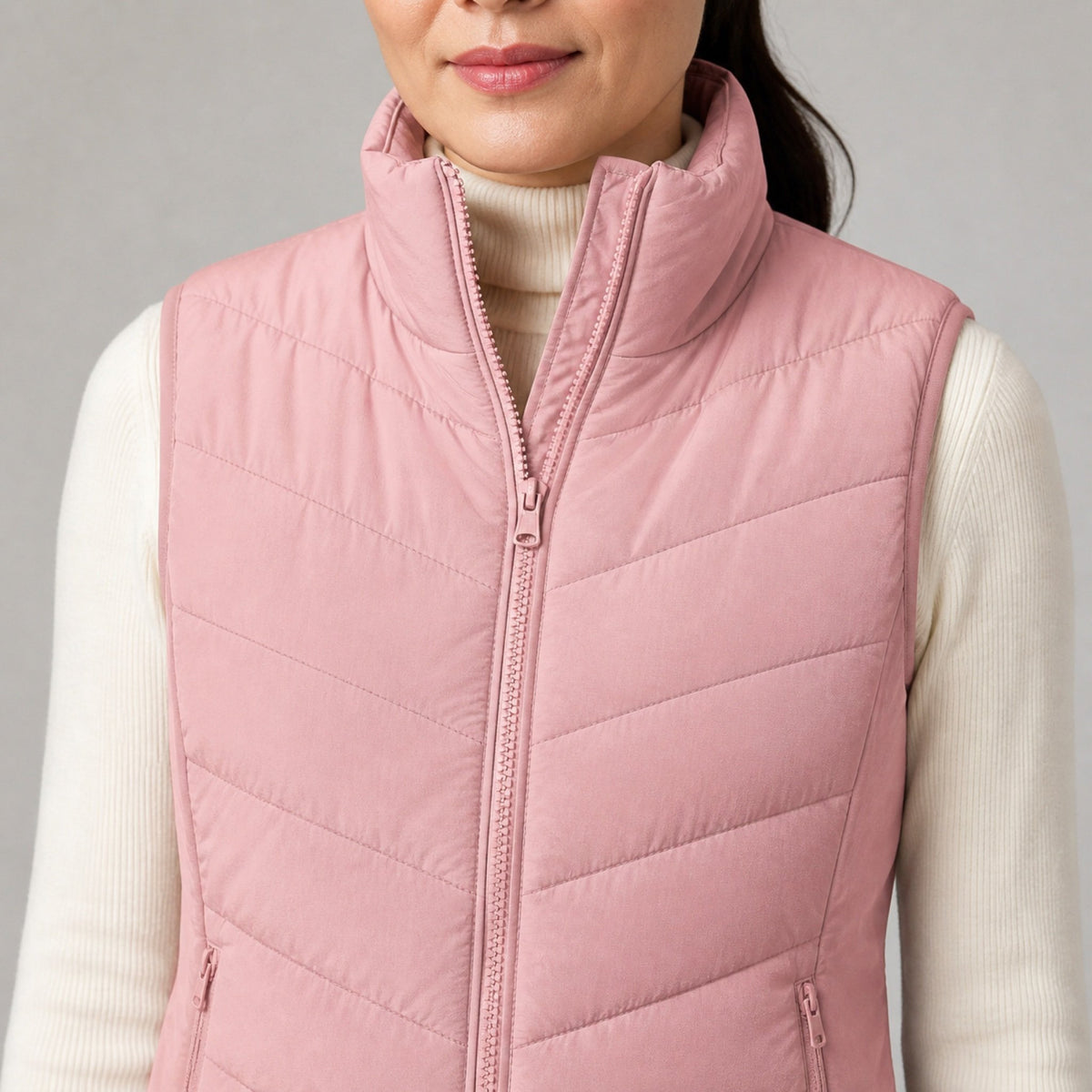 The Rowan | Quilted Gilet, Baby Pink — collar front zip detail