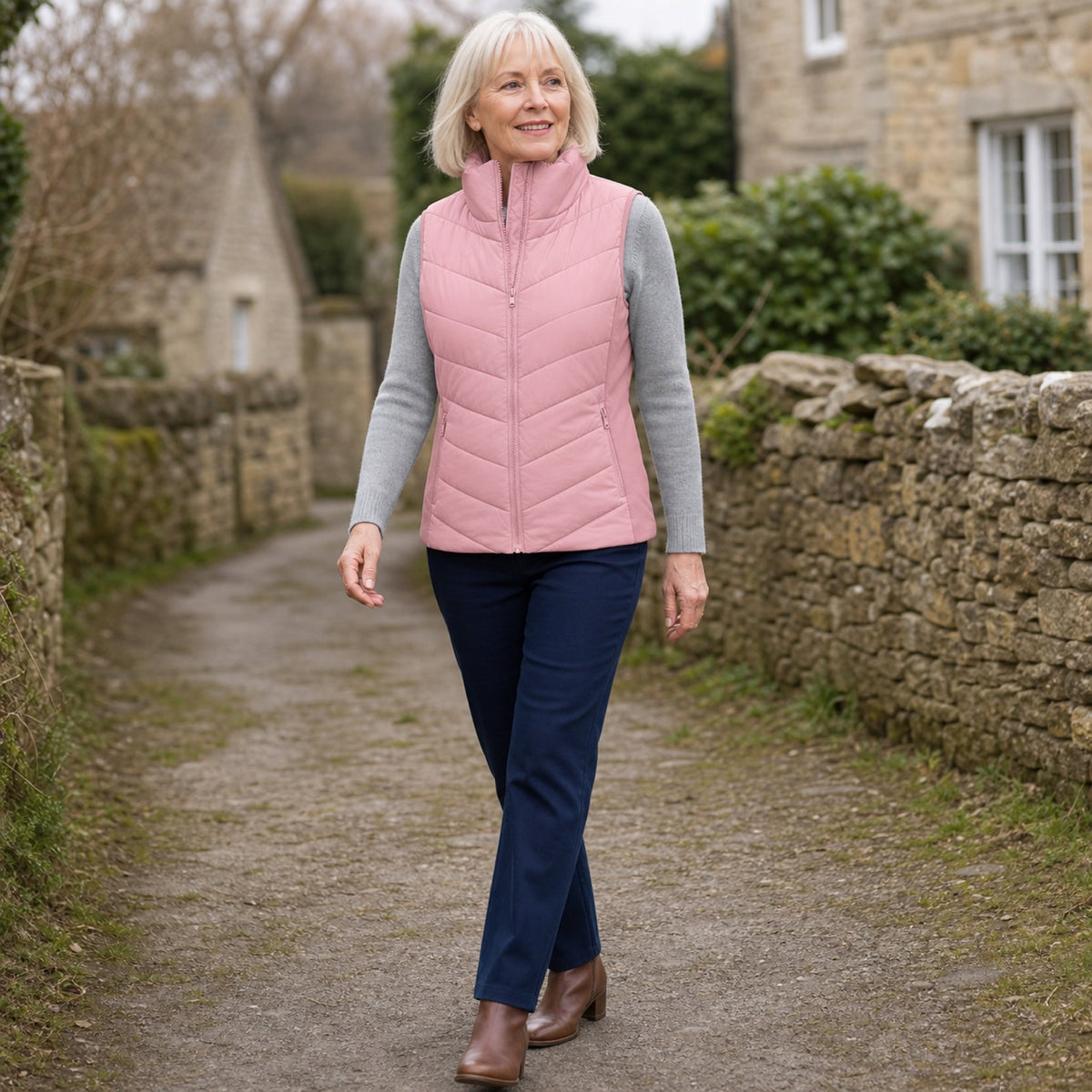 The Rowan | Quilted Gilet, Baby Pink — outdoor walk