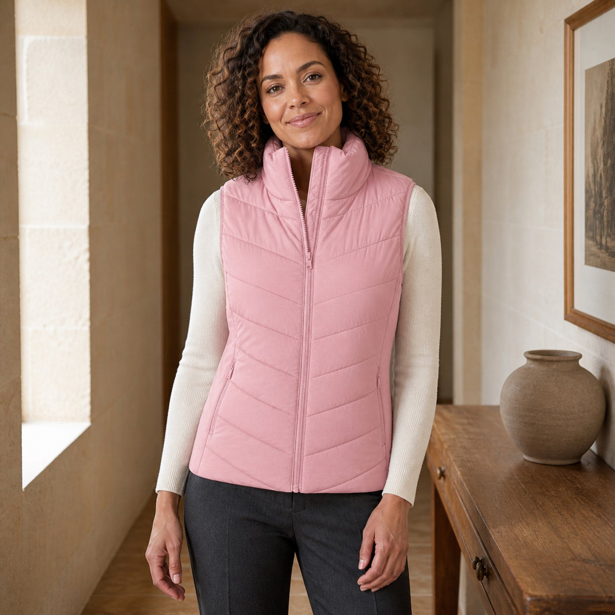 The Rowan | Quilted Gilet, Baby Pink — indoor editorial